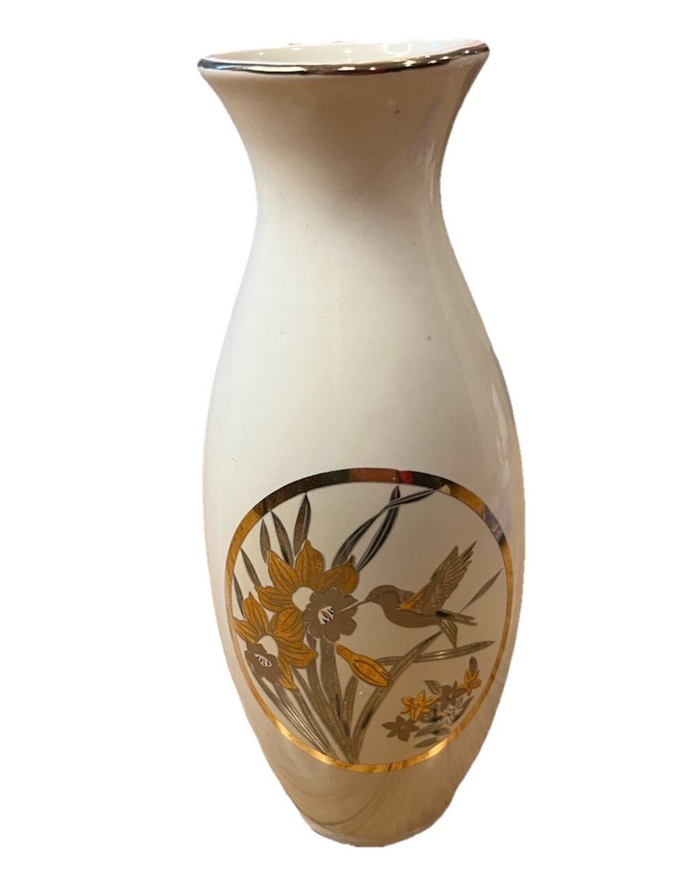 Japanese Vase The Art of Chokin Floral Hummingbird Gold Edged Trim 8”